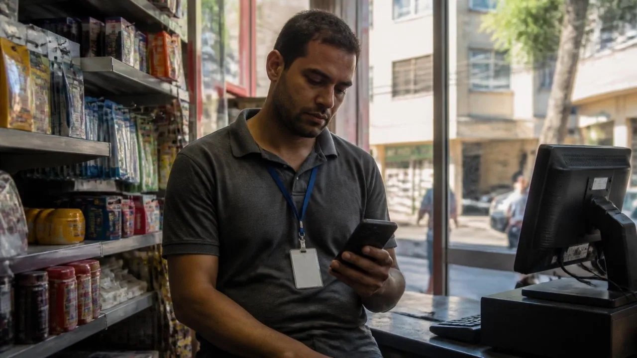 Trabalhador sem carteira assinada no balcão de uma loja, olhando as conversas com o chefe no celular